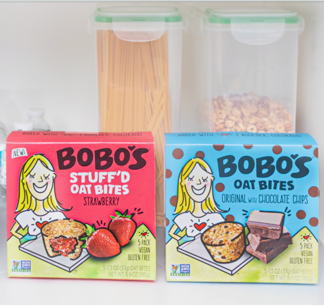 two boxes of Bobo's Oat Bites in pantry